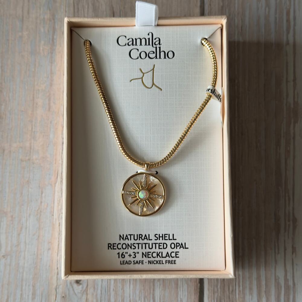 NWT Camila Coelho Gold Sunburst Opal Necklace  Natural Shell Reconstituted Opal